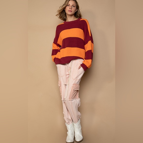 #093 POL So Comfy Burgundy Orange Striped Sweater - Picture 5 of 5